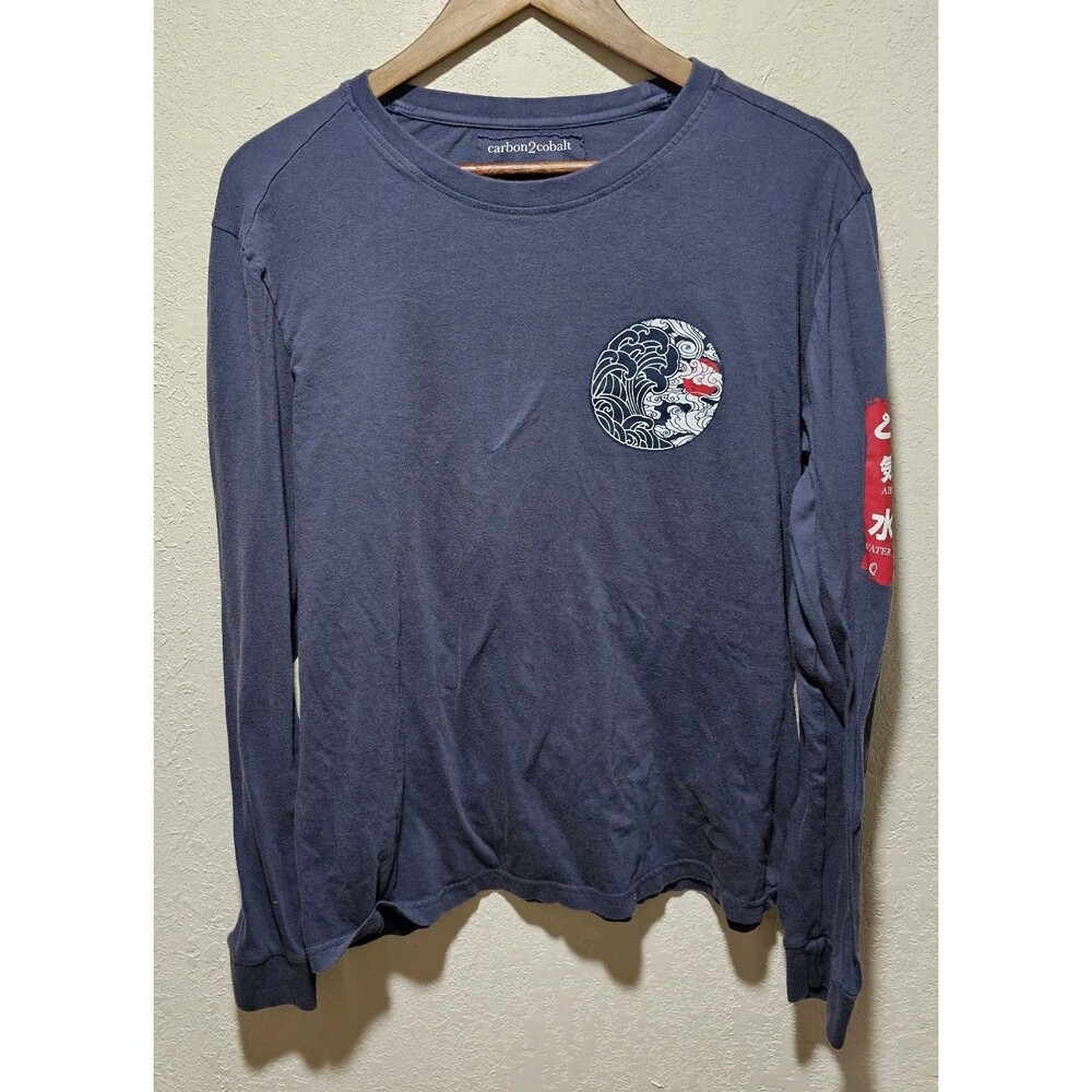 Carbon2Cobalt Shirt Men M Blue Long  Sleeve Graphic Tee Casual Japanese Wave Art